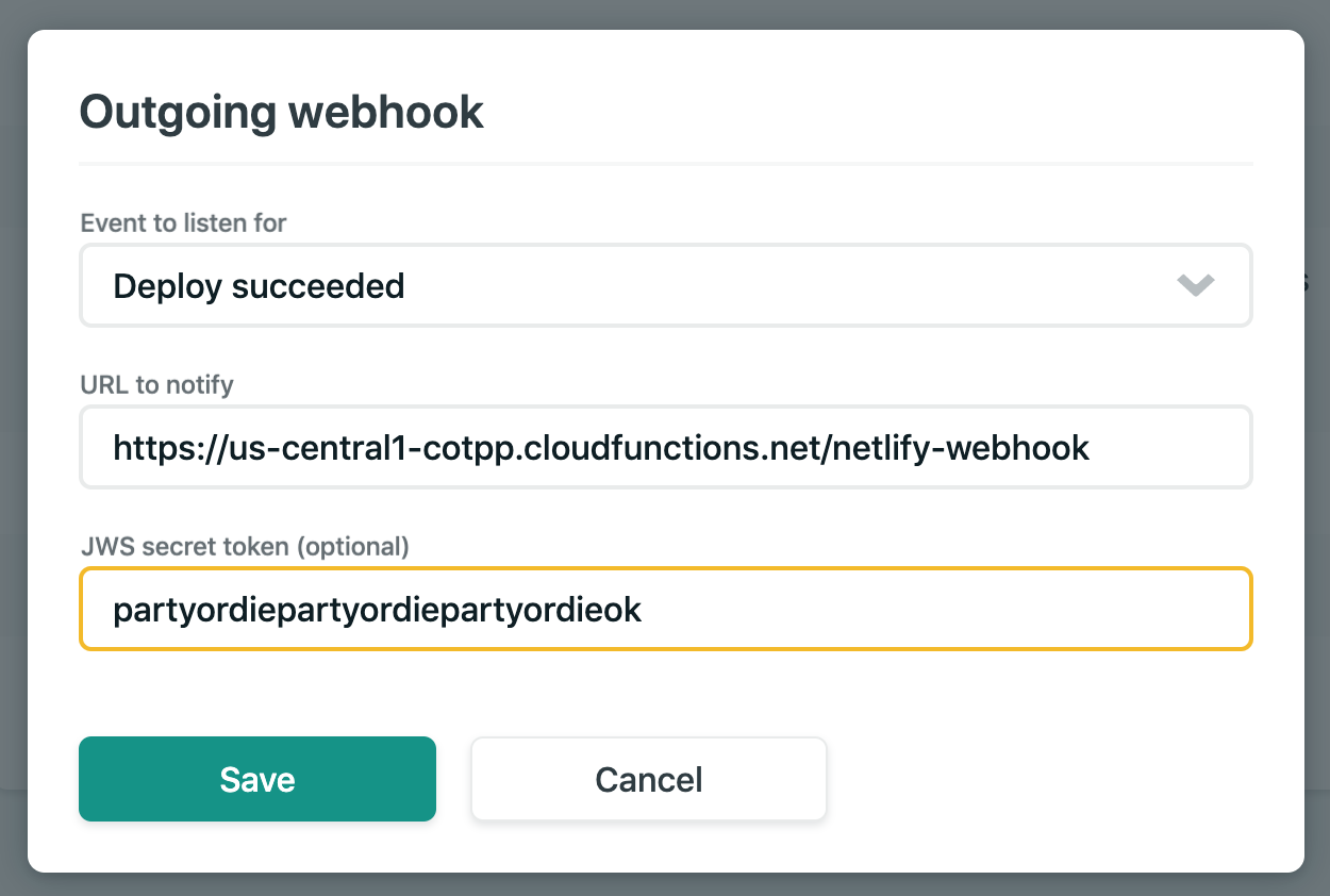 Netlify deploy webhook configuration modal.