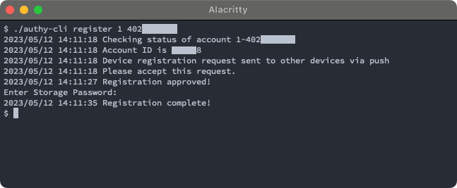 authy-cli being used to register a new Authy device